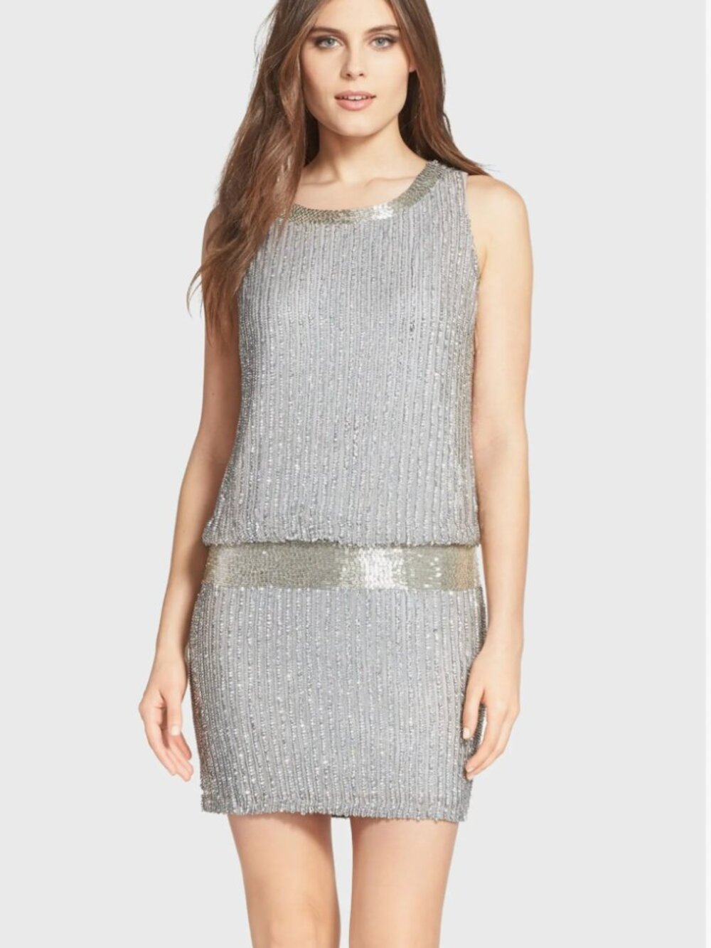 Adrianna Papell Silver Beaded Drop-Waist Dress - vintage flapper style 100% silk